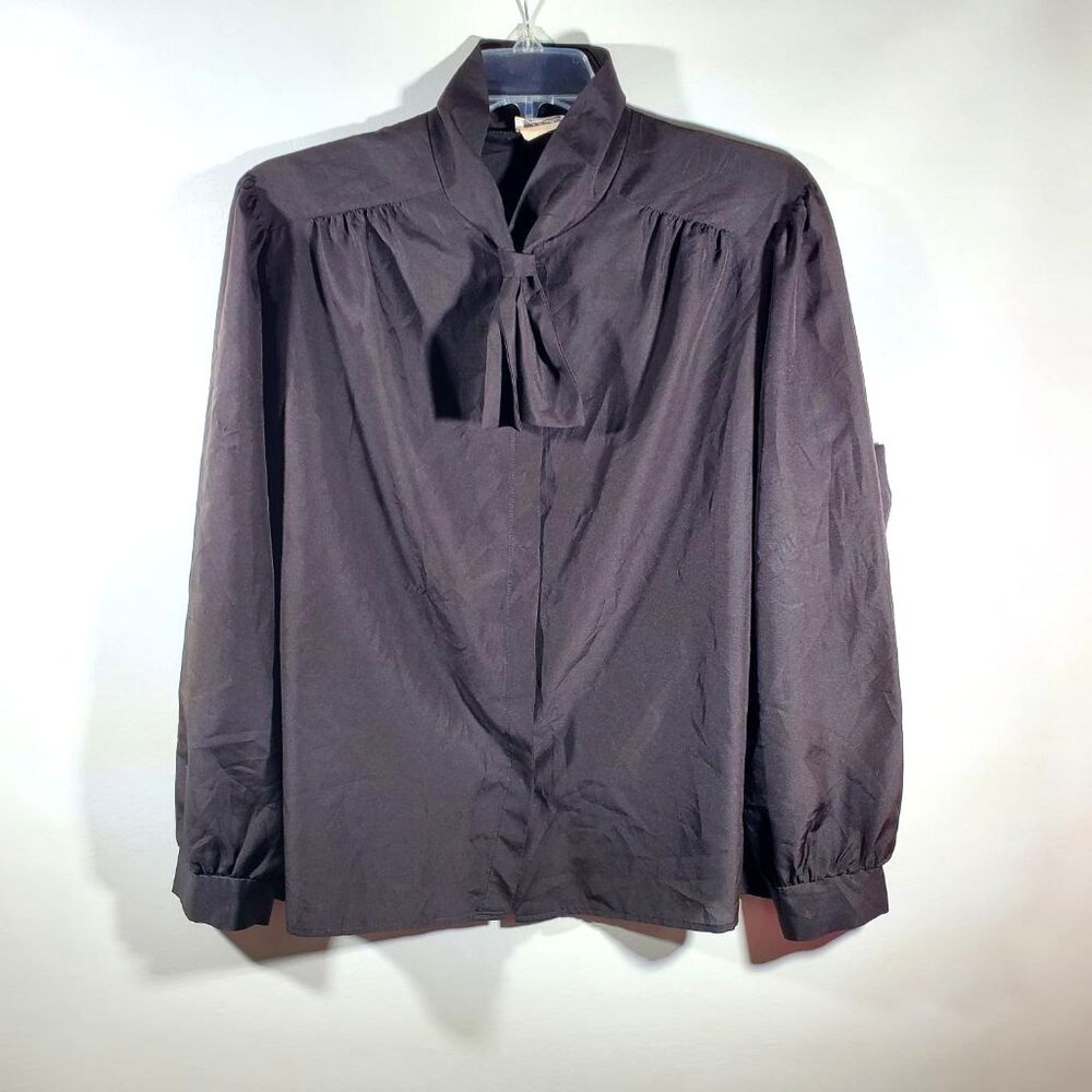 Vintage 80s Alicia Womens Black Blouse Bow Tie Neck Long Sleeve 2x USA